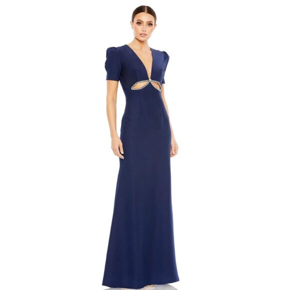 Ieena For Mac Duggal Navy Beaded Cutout Column Gown Plung Neck Sz 8 $458 - Picture 1 of 12